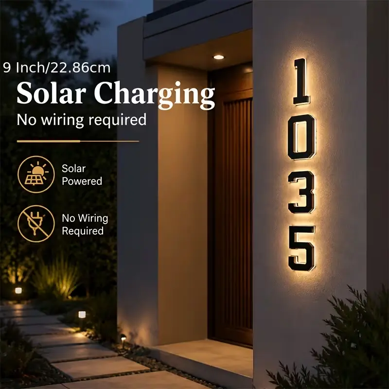 9-Inch Solar House Number Light, Outdoor Waterproof LED Address Sign with Smart Light Sensor, Modern Illuminated Address Numbers for Porch, Yard Wall and Home Entrance