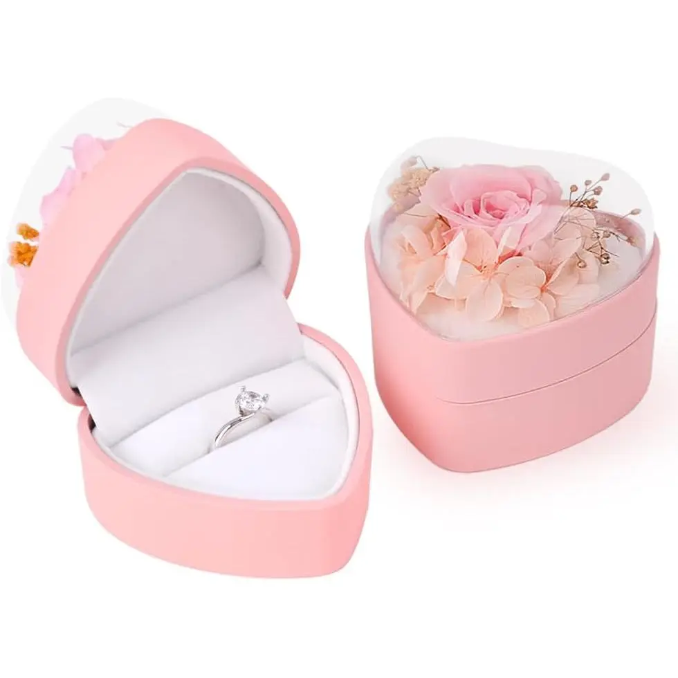 Heart Shape Ring Box Preserved Flower Rose Ring Case Velvet Jewelry Box Gift Box for Wedding Anniversary Birthday (Pink)