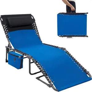 Chaise Lounge Chair Outdoor, 5-Position Adjustable Sun Tanning Chair with Carrying Handle and Side Pocket, Folding Bed Cot with Removable Pillow for Garden, Beach, Patio, Pool, Camp,Blue