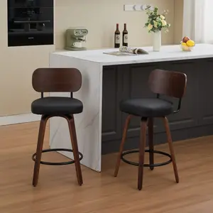 2-Piece 26" Mid-Century Modern Swivel Counter Height Bar Stools, Upholstered Faux Leather Seat with Walnut Back & Bentwood Legs, Black PU Indoor Furniture for Kitchen Counter