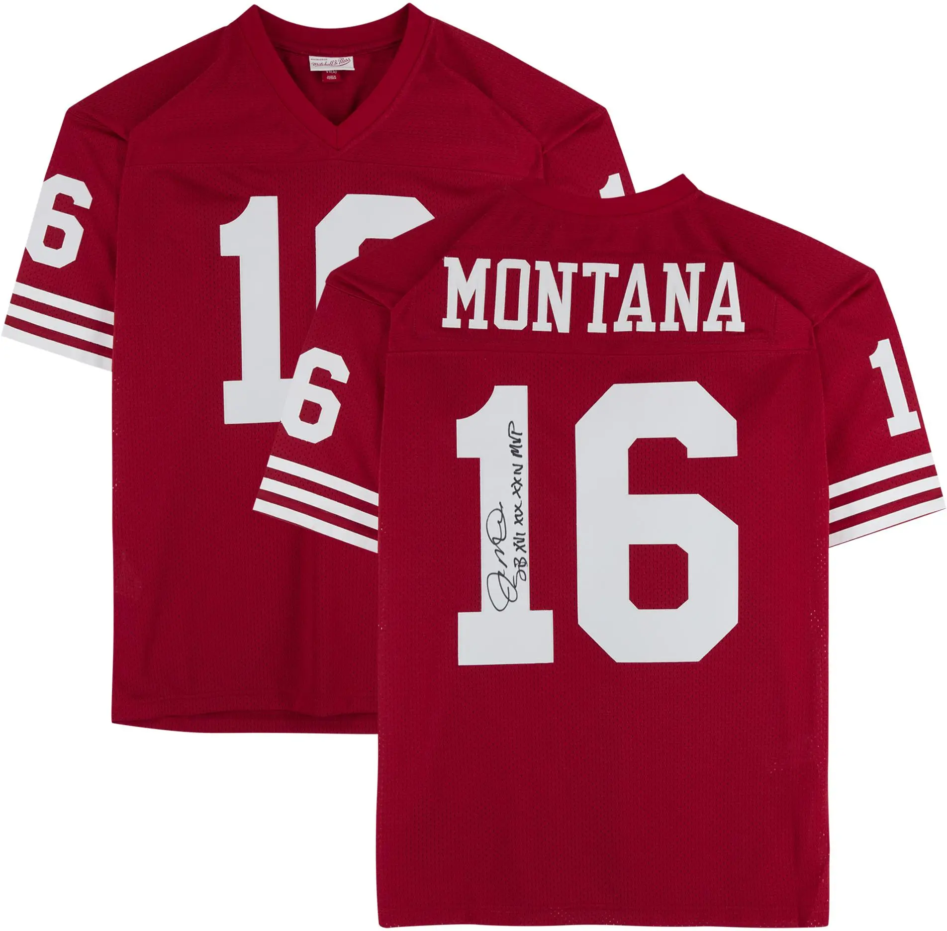 Joe Montana San Francisco 49ers Autographed Mitchell and Ness Red Authentic Jersey with "SB XVI XIX XXIV MVP" Inscription - Fanatics Authentic Certified