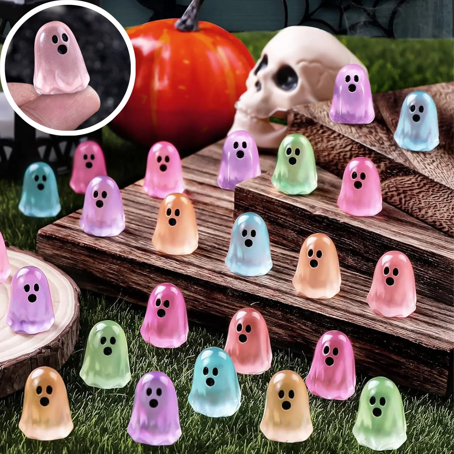 60Pcs Glow-in-the-Dark Resin Ghost Mini Figures - Creepy Cute Halloween Decor, Fall Accent Gift, Dollhouse Resin Models, Home Decor Piece with Glow Effect, Cute Collectibles