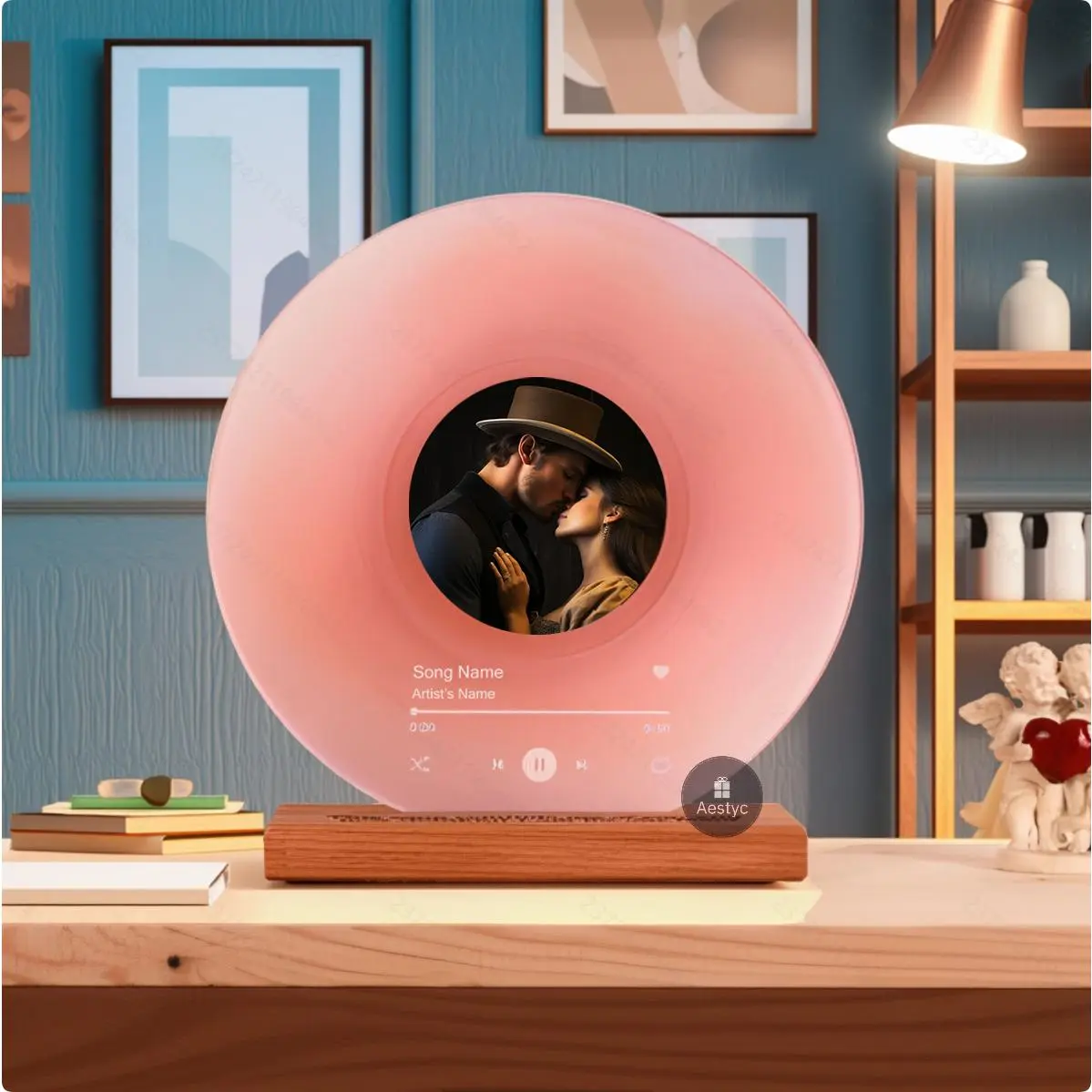 Custom Vinyl Record Frame Display with Photo Personalized Acrylic Song Plaque Gradient Color Pink Blue Music Plaque Custom Couples Plaque Gift Mother's Day Gifts Anniversary Wedding Birthday Gift for Her Him Christmas Gifts Home Decor
