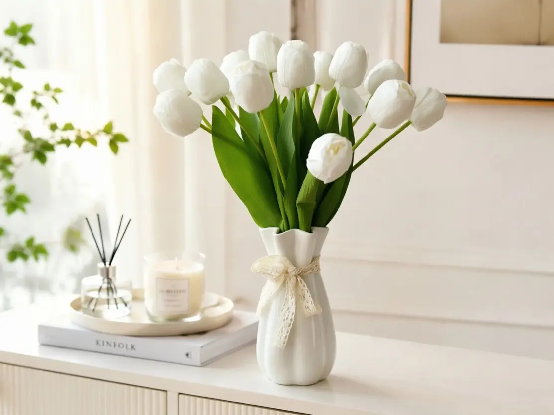 15 Pcs Real Touch PU Fake Tulips Flowers, 16-Inch Faux Tulip Stems for Mom, Spring Wedding Home Decorations (White)