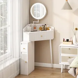 Corner Makeup Vanity Desk with Retractable and Rotating Mirror and Lights Small Modern White Makeup Vanity Set with Glass Top for Women Compact Girls Dressing Table with Drawer for Small Space MVD8004