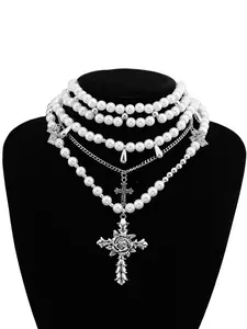 Gothic Style Cross Pendant Fashion Necklace Set, Beaded Tiered Layers, Adjustable Alloy Chain, Elegant Design, Ideal Gift for Women, Pearl Chain Necklace