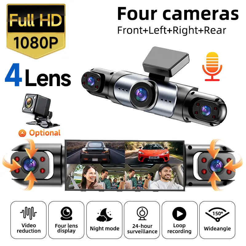 4-Channel  Car Dash Cam(Not wireless) 1080P Full HD Front+720P Rear Left Right Coverage, Requires charging to use,Super Night Vision, G-Sensor, Loop Recording, 24/7 Parking, Wide Angle,  Free 64GB Memory Card Car Dashcam Car Dash Camera