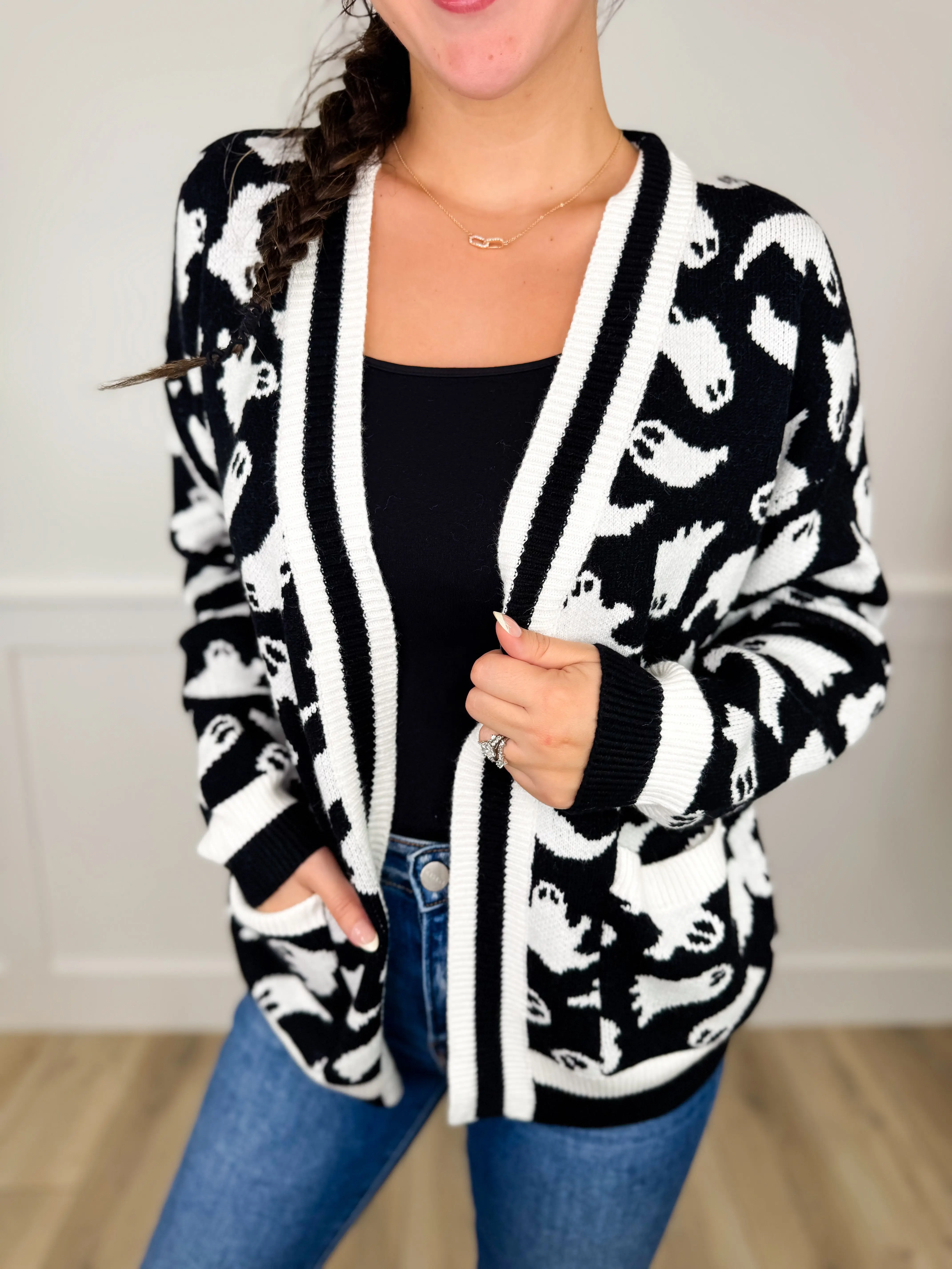 Women's Avery Mae Halloween Ghostly Glee Twist Knit Sweater Cardigan Top - Black, Long Sleeves, Soft, Fit, Comfy Casual Polyamide Fabric, Available in 2XL, 3XL, True To Size, Knitwear, Women's Clothes