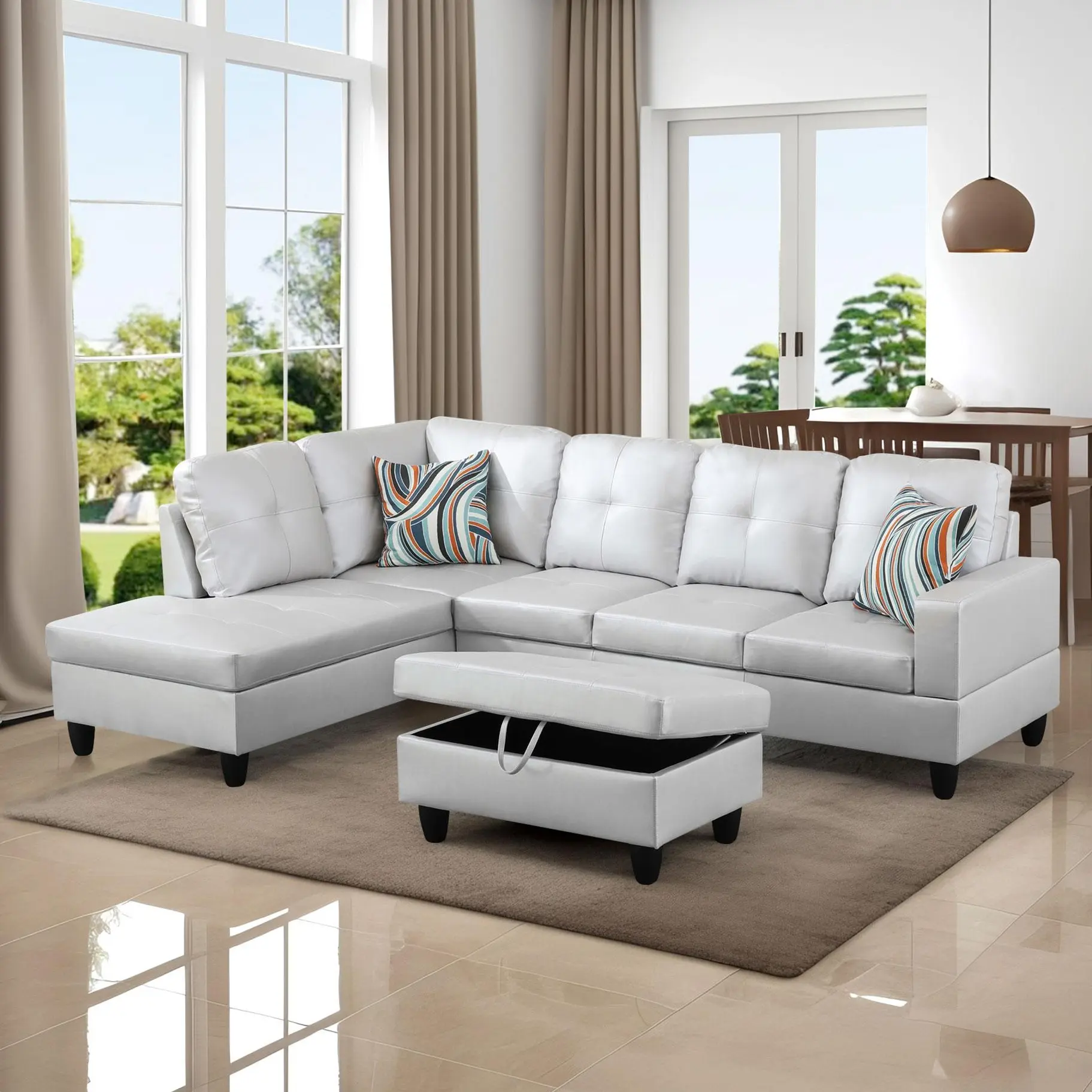 Luxury Silver Grey Smooth Semi PU Leather 3-Piece Sofa Set, Anti-Scratch Waterproof Modern Cozy Living Room Accent Furniture, Living Room Decor, Sofas Living Room