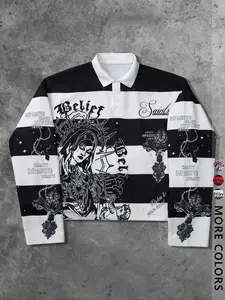Men’s and women’s styles. Spring and autumn collection. Long-sleeve Fitted Striped polo shirt in Y2K style. St. Mary’s and Saints’ cross pattern print on black and white checkered stripes with a black collar. Trendy hoodie suitable for streetwear