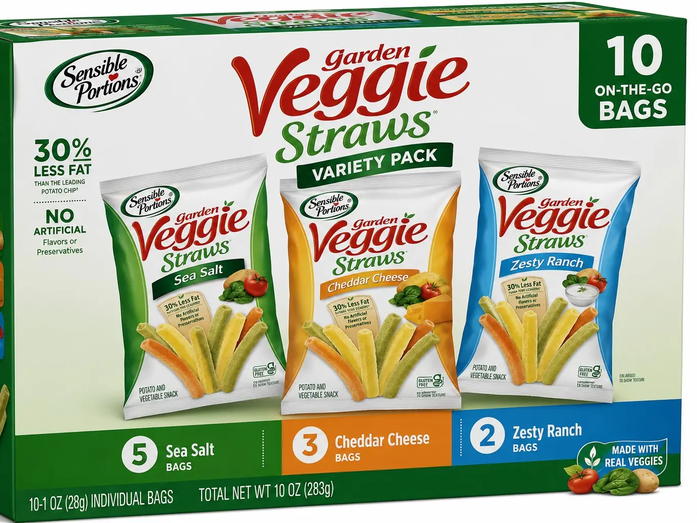 Sensible Portions Garden Veggie Straws Variety Pack, 10 Individual Snack Bags – Sea Salt, Cheddar Cheese & Zesty Ranch, Crunchy Vegetable Snacks for On-the-Go