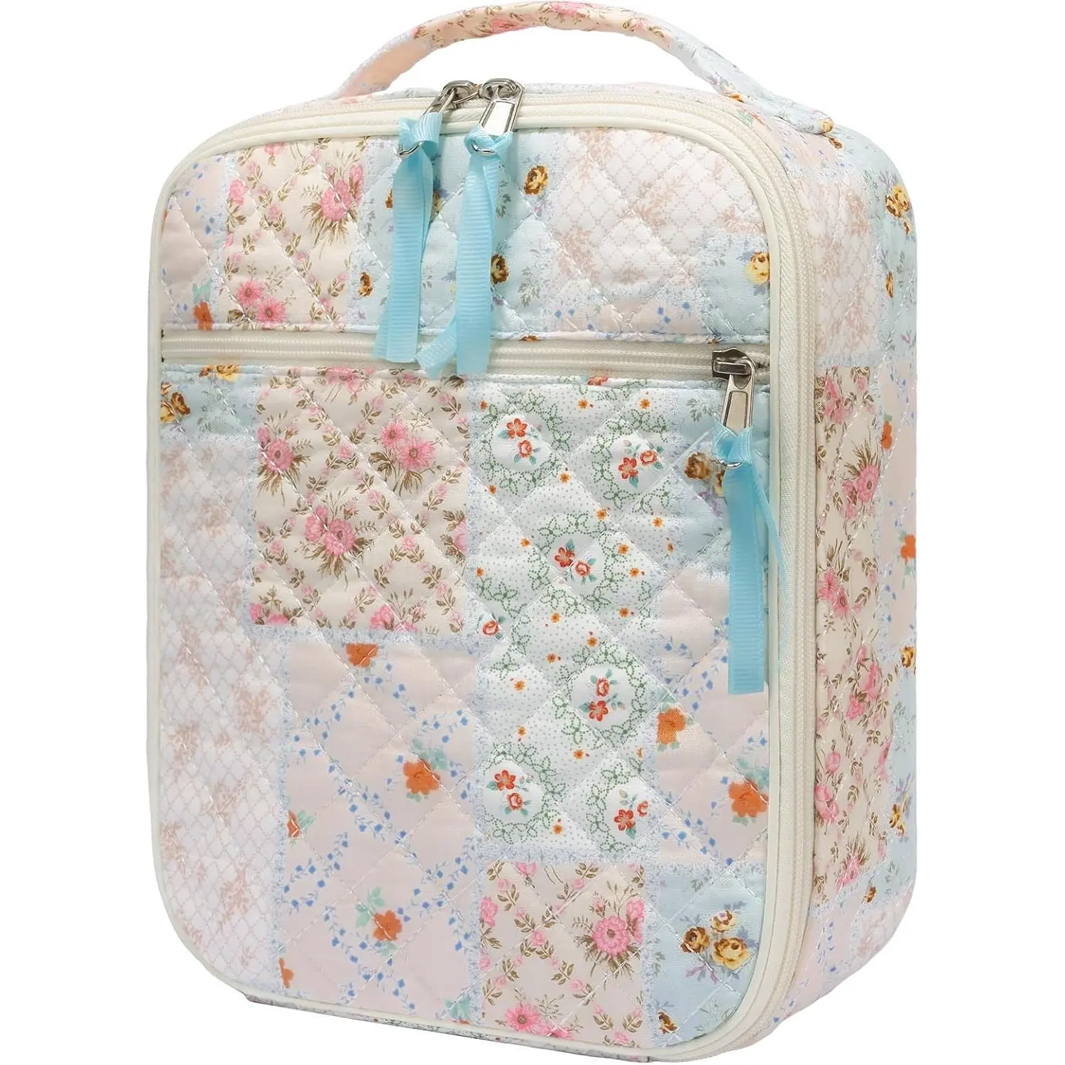 Cotton Quilted Lunch Box for Women, Cute Insulated Lunch Bag, Coloful Floral Lunch Tote for Work Picnic Travel Office (coloful floral, M)