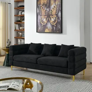 81 Inch Oversized 3 Seater Couch Sectional Sofa, Living Room Comfort Fabric Sectional Sofe-Deep Seating Sectional Sofa, Soft Sitting with 3 Pillows for Living Room,Bedroom,Office, Black teddy