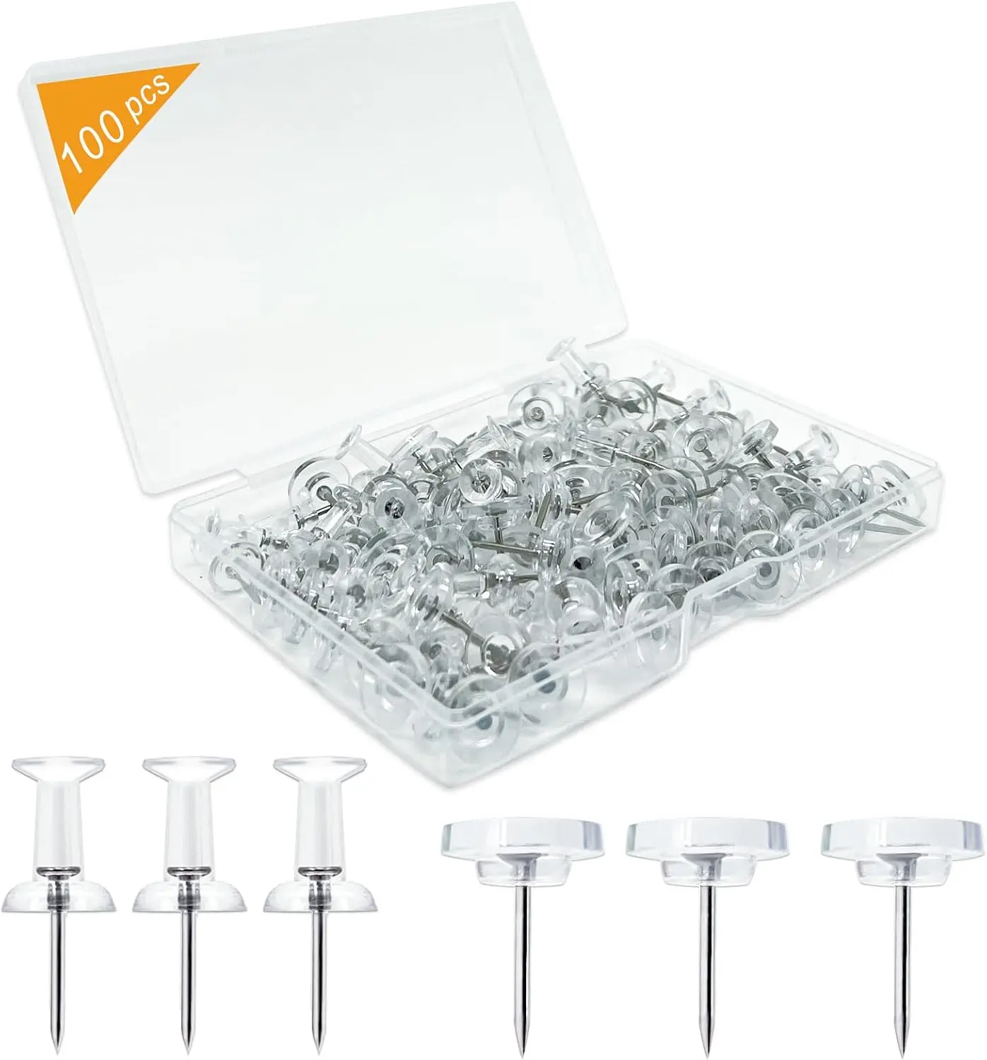 100-Pack Heavy-Duty Tacks and Push Pins – Clear Flat-Head Thumbtacks with Storage Box for Office, Home, Classroom & Cork Boards