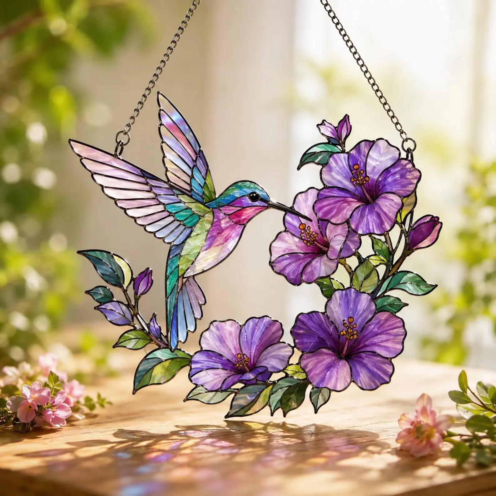 Hummingbird and Purple Flowers Hanging Suncatcher Window Ornament, Handcrafted Faux Stained Glass Acrylic Panel, Vibrant Rainbow Light Catcher Home Decor Accent, Perfect Gift for Garden Lovers