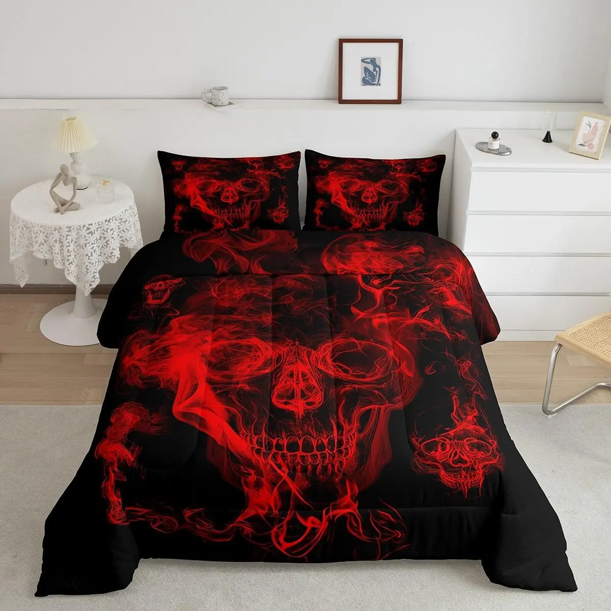 Queen Size Gothic Bedding Set - 3D Skeleton Print, Soft Black Red Lightweight Quilt, Luxury Designer Bed Comforter Set for Personalized Bedroom Decor, Bed Comforter Sets