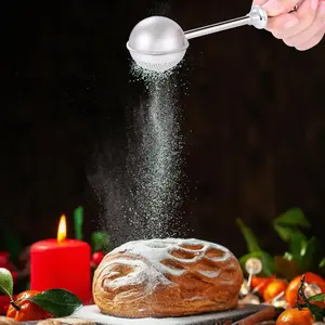 Stainless Steel Powdered Sugar Shaker with Handle, Spring-Loaded Flour Duster & Skimmer Spoon for Baking & Kitchen Cooking