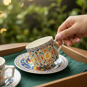 Lemon and Rose Themed Coffee Cup and Saucer Set, Vintage Blue and Ceramic High-End Tea and Breakfast Cups, French Style Elegant Decor, Perfect for Breakfast and Afternoon Tea, Ideal Gift for Loved Ones