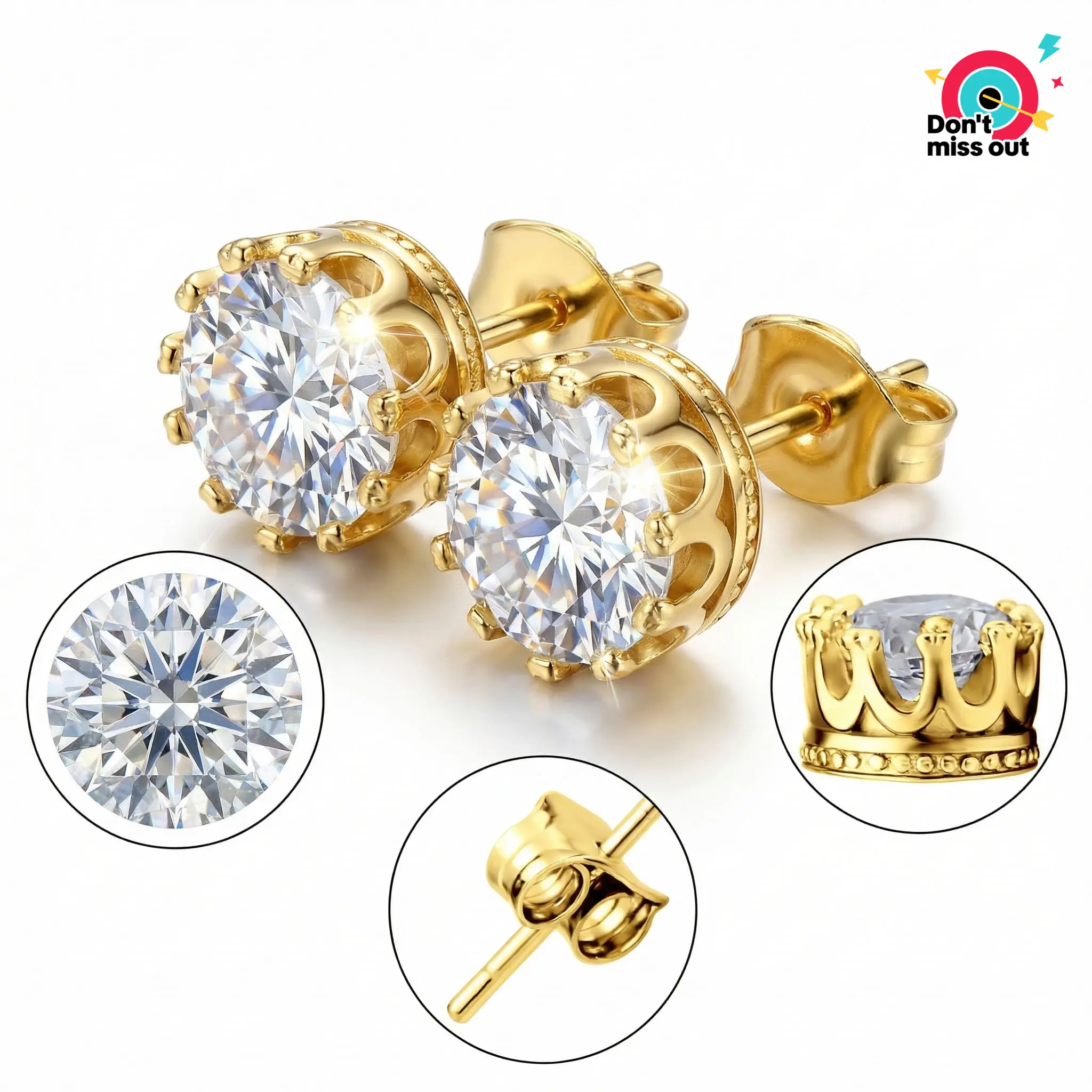[New Arrival] Royal-Style Crown-Set Round Stud Earrings | S925 Sterling Silver | Four-Prong Setting | Hypoallergenic Material | 14K Gold Plating & Cubic Zirconia | Ideal Gift for Young People | Ideal Birthday Gift.