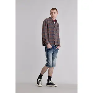 rr Men's Diego Vintage Denim Jeans Shorts - Menswear Clothes with Embroidery Detailing, Leather Accents, Graphic Design, Pockets for Casual Outfits