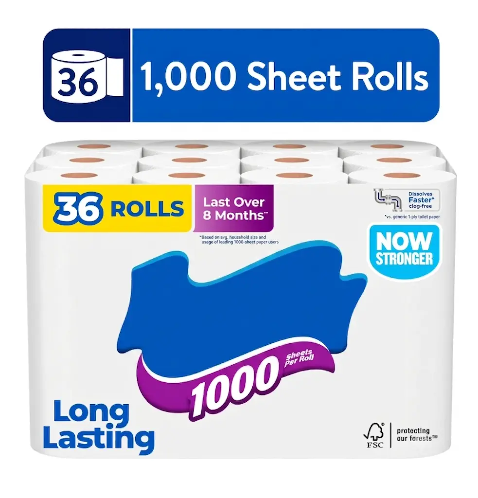 Bulk 1-Ply Toilet Paper, 36 Rolls, 1000 Sheets Each, Everyday Bathroom Tissue for Home and Office