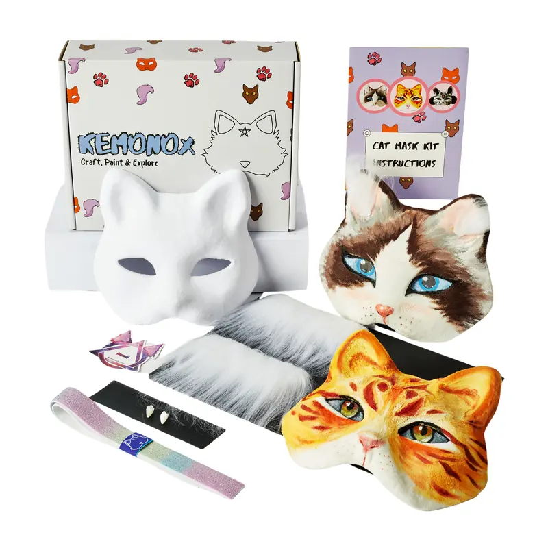 Pre Felted Therian Cat Mask Kit - Fleeced Cat Mask Base with Faux Fur, Eye Mesh and Cat Like Fuzzy Fabric - Felted for You, Skip the Messy Work - Premium All-in-One Therian Mask Kit Box Paint