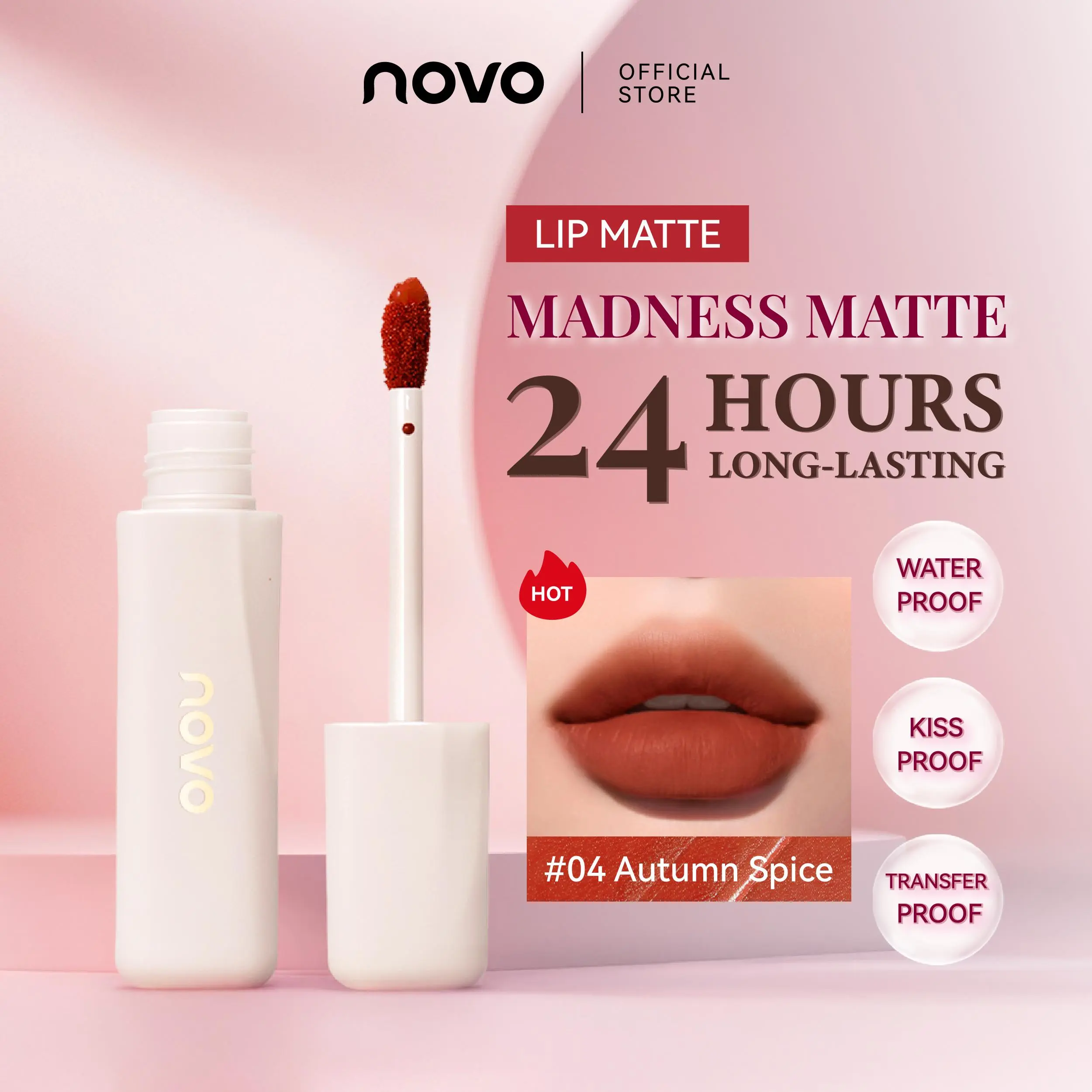 Novo Madness Matte Lipstick, 24-Hour Long Lasting and Waterproof Cosmetic, Transferproof Lip Color in 14 Shades from Misty Rose to Violet, 3.3g, #01 Misty Rose, Makeup, Beauty Products