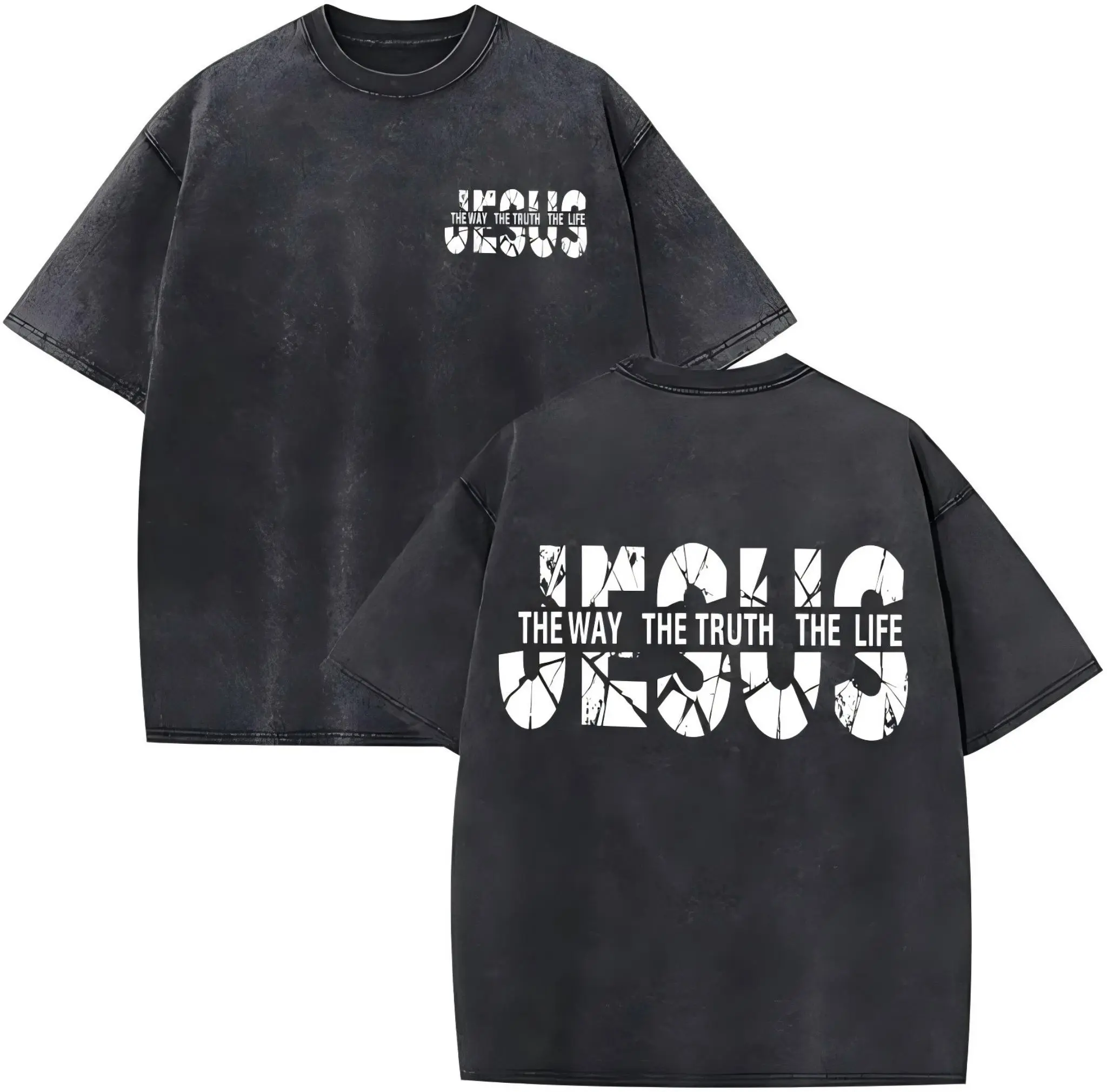 Unisex Christian shirts, Jesus faith religious shirts, loose acid-washed T-shirts, retro dark gray printed T-shirts