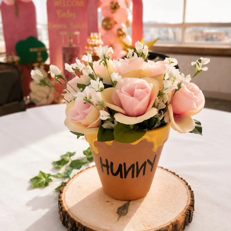 Winnie the Pooh Hunny Pot Centerpiece, Pink Floral Baby Shower Table Decoration, Pooh Bear Party Accent