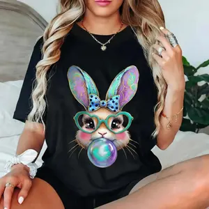 Unisex Happy Easter Bunny Cotton T Shirt Featuring Coquette Bow Brushstroke Design Casual Spring Celebration Attire