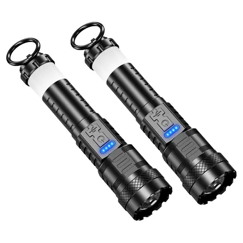 2 PCS Rechargeable High Lumen Flashlights Set - Super Bright, Splash Proof, Red&Blue Alarm Lights, Camping Emergency Gadget, Gift for Wife, Couple, Him, House Warming New Home Use