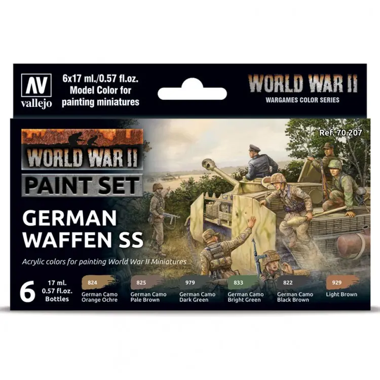 Vallejo VJP70207 WWII German Waffen SS Acrylic Paint Set - 6 Bottles, 17ml Each, German Camo Black Brown, Camouflage Mix, Miniature Painting, Office & School Stationery for WWII Enthusiasts, Waffen Ss Set