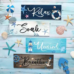Coastal Rustic Design Wood Signs, 4 Counts/set Letter Pattern Wall Art, Wall Decor for Farmhouse Home School Bathroom Laundry Spa