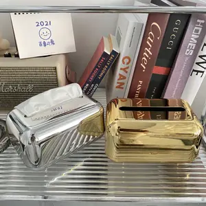 INS Fashion Electroplate Gold/silver Tissue Box Domestic Creative Mirror Paper Towel Face Towel Wipes Storage Box with Spring