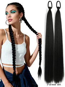 2 piece long straight hair ponytail extensions black brown elastic band hair attachments synthetic hair 26 inch ponytail extension DIY braid ponytail natural hair color loose hair strands for women daily and festive use Synthetic Hair Braids