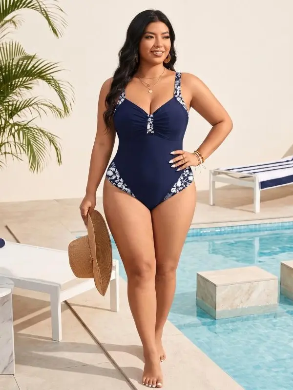 Women's Plus Size (3XL) Navy White Print Pleated V-Neck Elastane Tummy Control 1-Piece Swimdress - Breathable Female Wear for Beach Vacations, Pool Parties