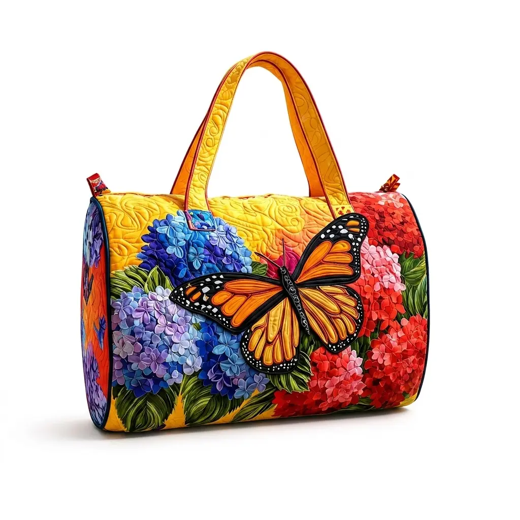 Unisex Quilted Floral & Butterfly Print Weekender Travel Gym Bag - 16x8x8in Blue Bus, 18x9x9in Butterfly (2pcs), Lightweight Hippie Design Hand-Carry Sports & Outdoor Luggage for Casual Trips, 16*8*8 Inches -Blue Bus Bag, 18*9*9 Inches -Butterfly Bag（2Pcs