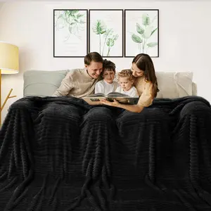 Solid Oversized Flannel Fleece Blanket (120x120 inches, Black) Cozy Throw Blankets for Couch Sofa and Bed, King Size 10'X10' Super Soft Luxurious Warm Striped Blankets for Household Bedroom