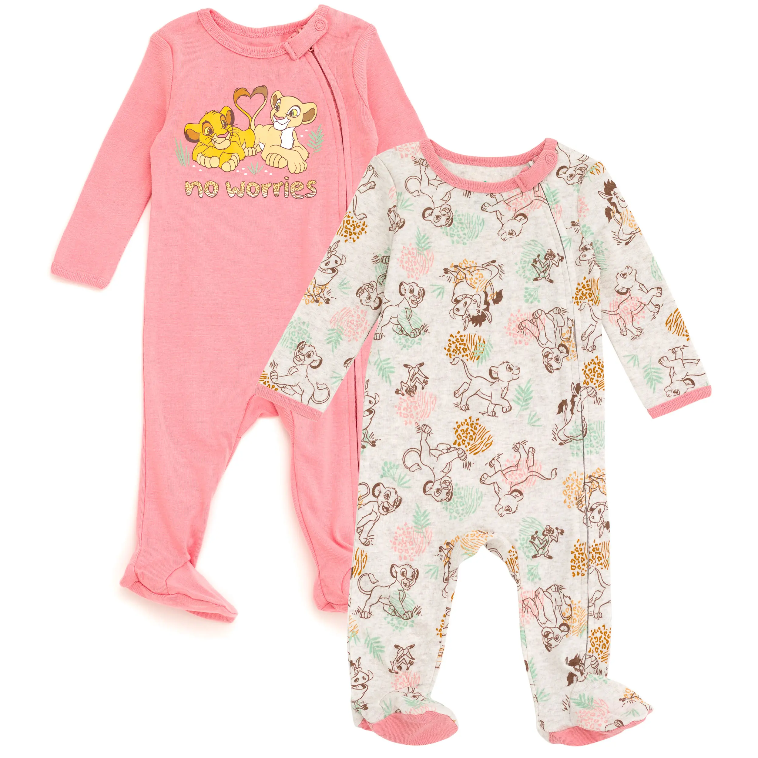 Disney Lion King Coveralls for Baby Girls, 2-Pack Ribbed Knit Long Sleeve Zip-Up Pajamas, Simba & Nala with Built-in Scratch Mitts, Baby Shower, 0 - 3 Months, Pumbaa, Snap Tab Neck, Footed