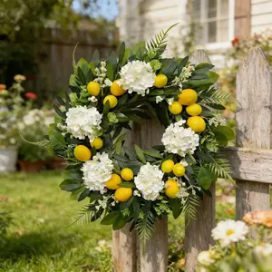 Front Door Outdoor Spring Summer Wreath, 17.72 Inch Artificial Lemon Hydrangea Wreath, Farm Style Home Decor, Porch Wall Decoration