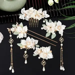 5PCS Camellia Flower Hair Clips – Pearl Rhinestone Tassel Hairpins for Women