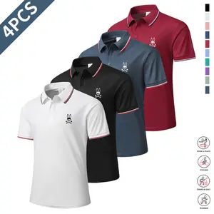 Men’s casual short-sleeve polo shirt set, 4 pieces, mixed colors; printed polo shirts, breathable and cool, suitable for all seasons—an ideal choice for holiday gifts.