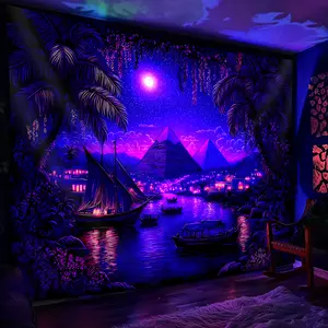 1pc Fantasy Night Scene Ship Plants- Glow In The UV Light Banner Tapestry, Wall Tapestries Starry Sky Pattern, Large Size Peach Skin Fluorescent Printing Tapestry, Bedroom Hanging Tapestry For Party, Home Decor, Wall Decoration With Free Accessories