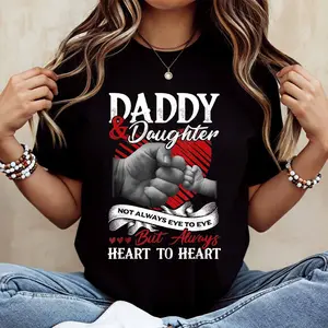 Daddy And Daughter Hand Holding Heart Print T Shirt White Casual Short Sleeve Top For Women
