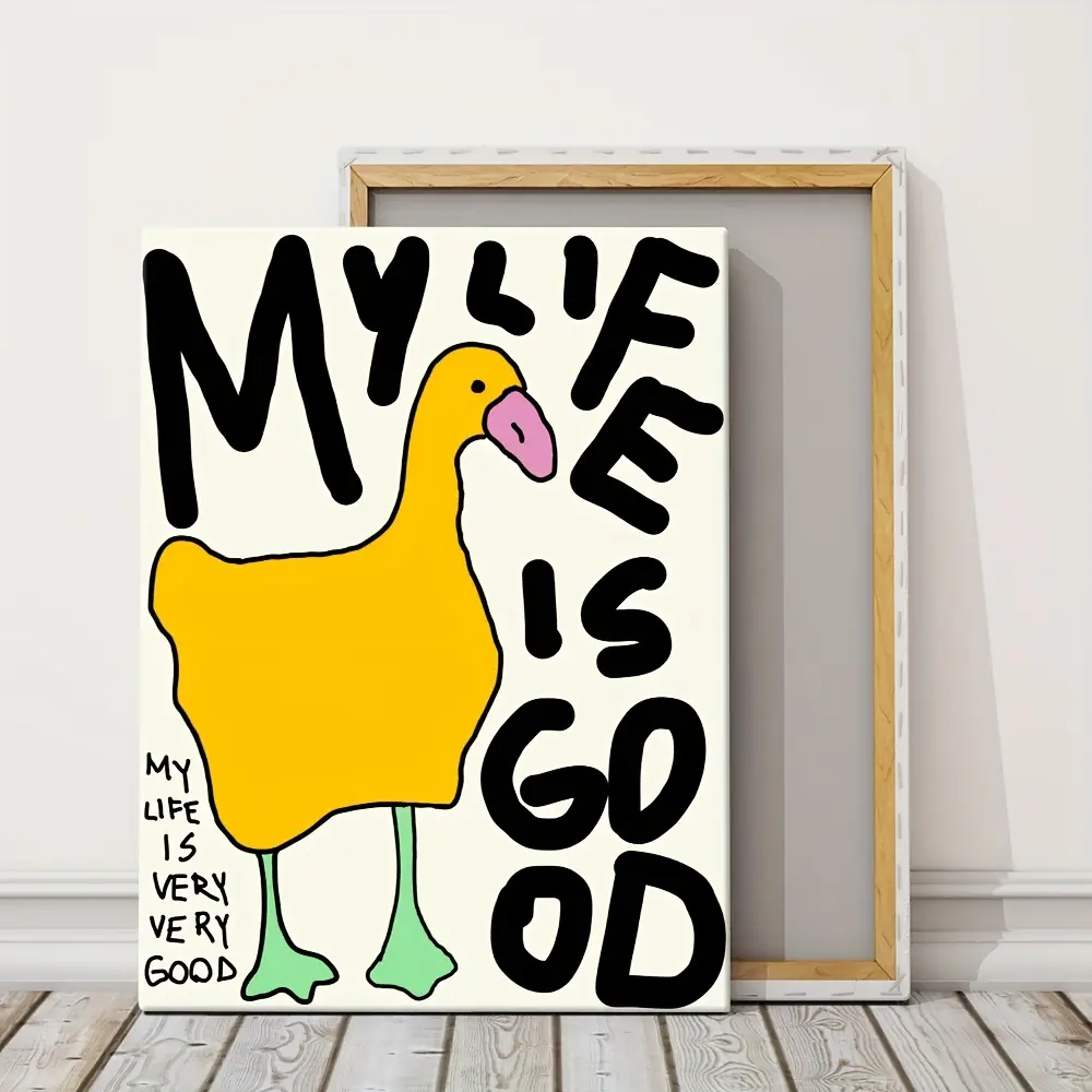 Charming Duck Canvas Wall Art with Wooden Frame - Modern Cartoon Decor for Living Room, Bedroom, Office & More - Perfect Gift for Art Lovers, Bird Decor Decoration Art Illustrations wall decor poster posters wall art