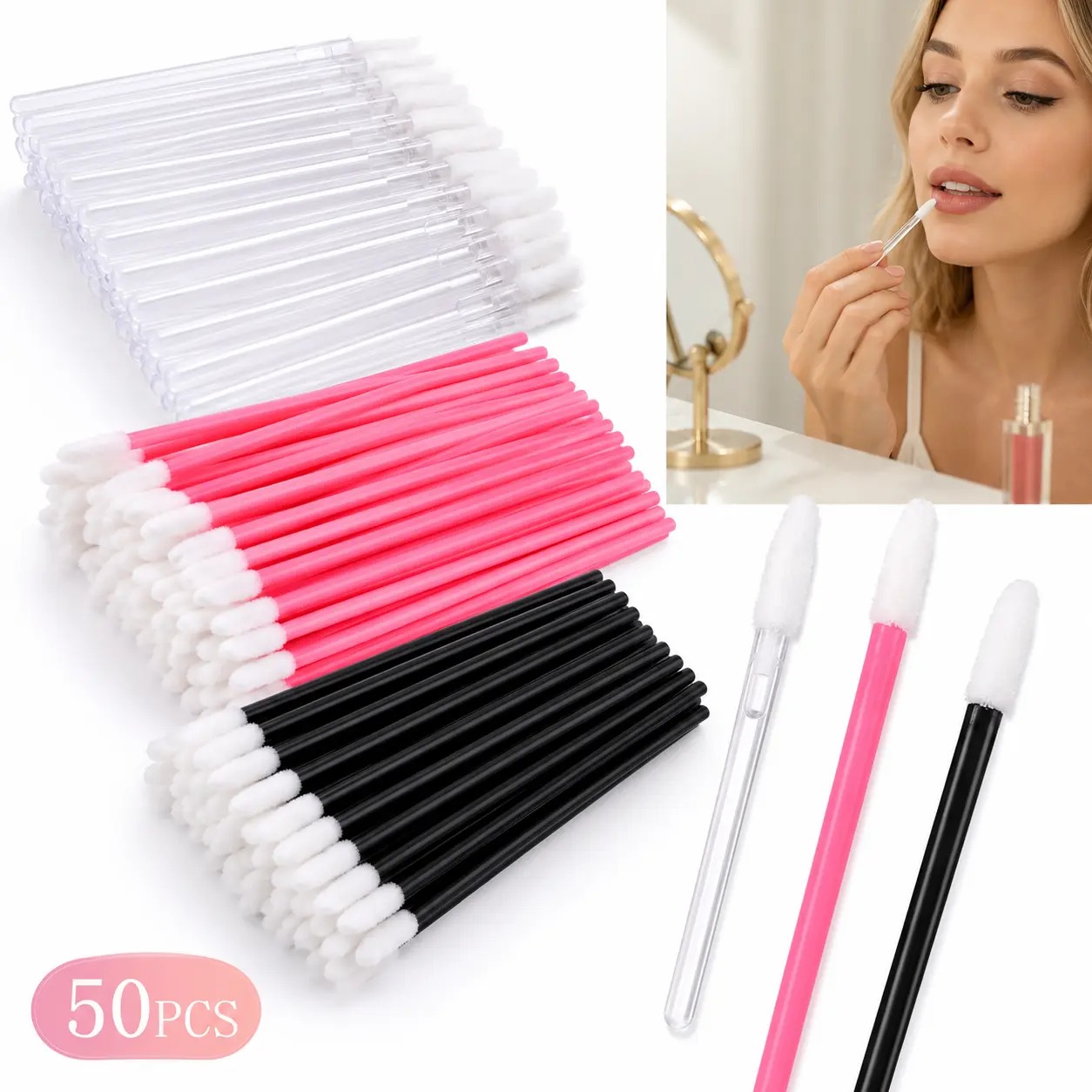 50PCS Disposable Flocked Lip Brush, Portable Mini Lip Applicator for Lipstick & Lip Gloss, Travel Makeup Tool for Beauty Routine