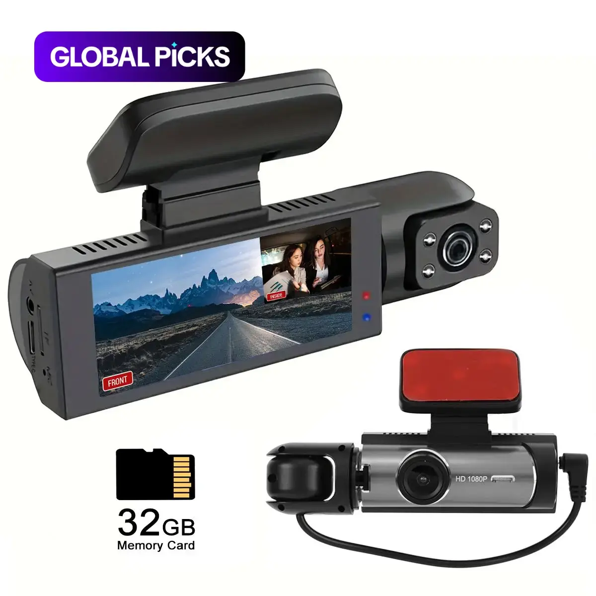Front & Rear Dash Cam for Cars, Dual-Lens Car Dashboard Camera with 32GB Card, Wide-Angle Recording, IR Night Vision, HD 3.16-Inch IPS Screen Automotive Video Recorder, HD Driving Recorder (Plug-In Use) #GLOBAL PICKS