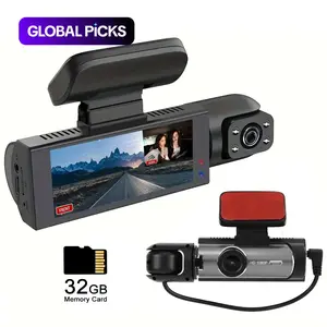 Front & Inside Dashcams for Cars, Front Rear Dashcam, CarDashcam with 32GB Card, Wide Angle Driving Recorder with IR Night Vision, 3.16 Inch IPS Screen HD Camera with Dual Lens, (Non-rechargeable; plug-in use)