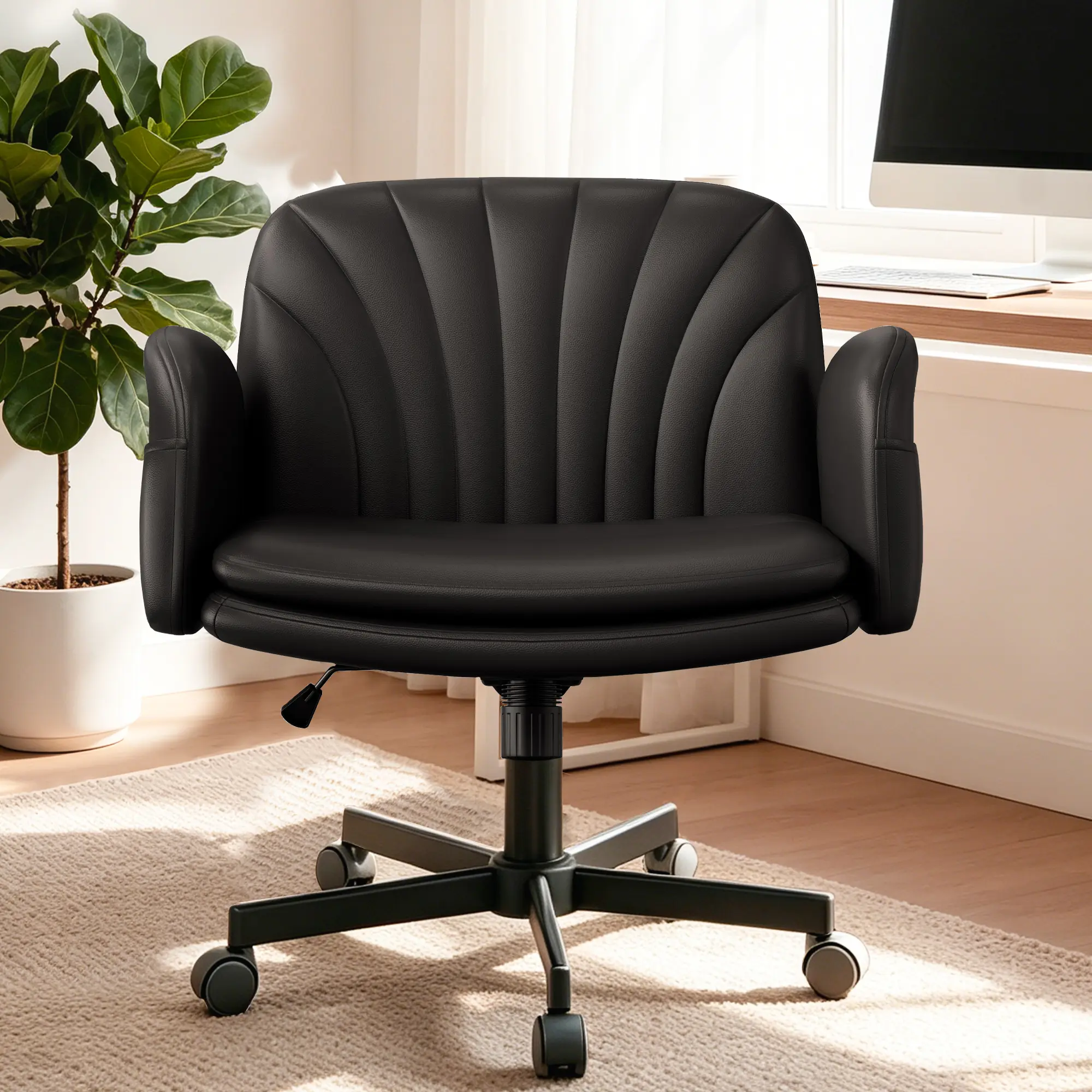 Vonesse Criss Cross Chair, Vanity Chairs with Adjustable Armrests, Makeup Chair with PU Leather and Side Pockets Design, Comfortable Computer Office Desk Chairs for Home, Bedroom V400