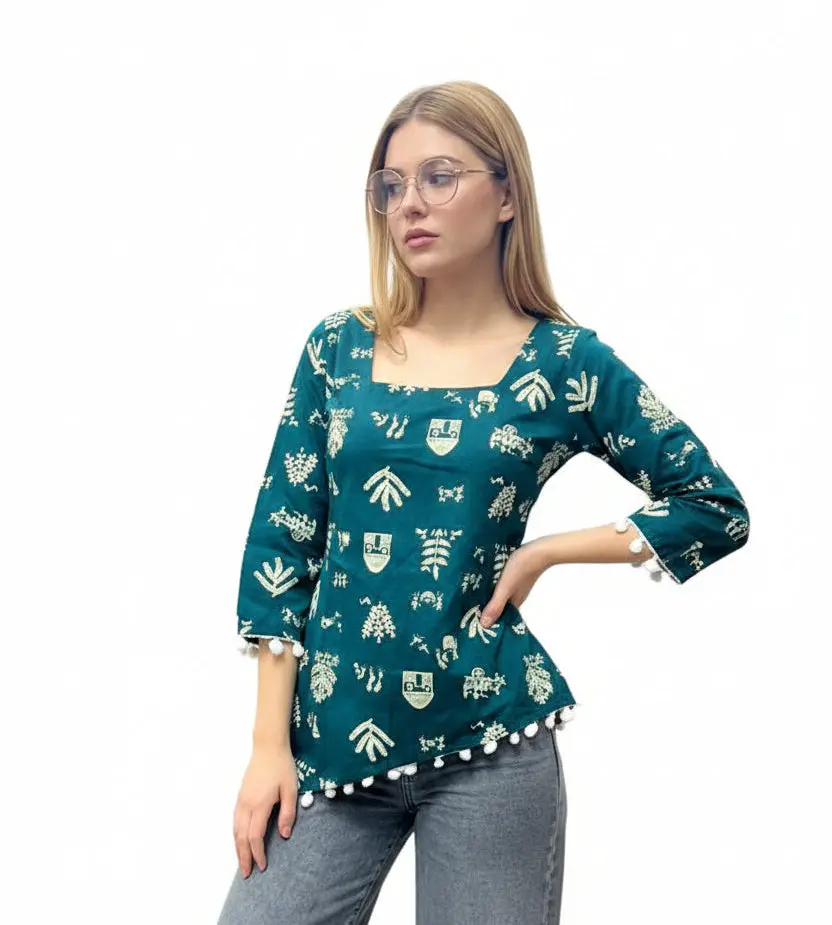 Teal Blue Block-Printed Cotton Short Kurti with Pom-Pom Lace